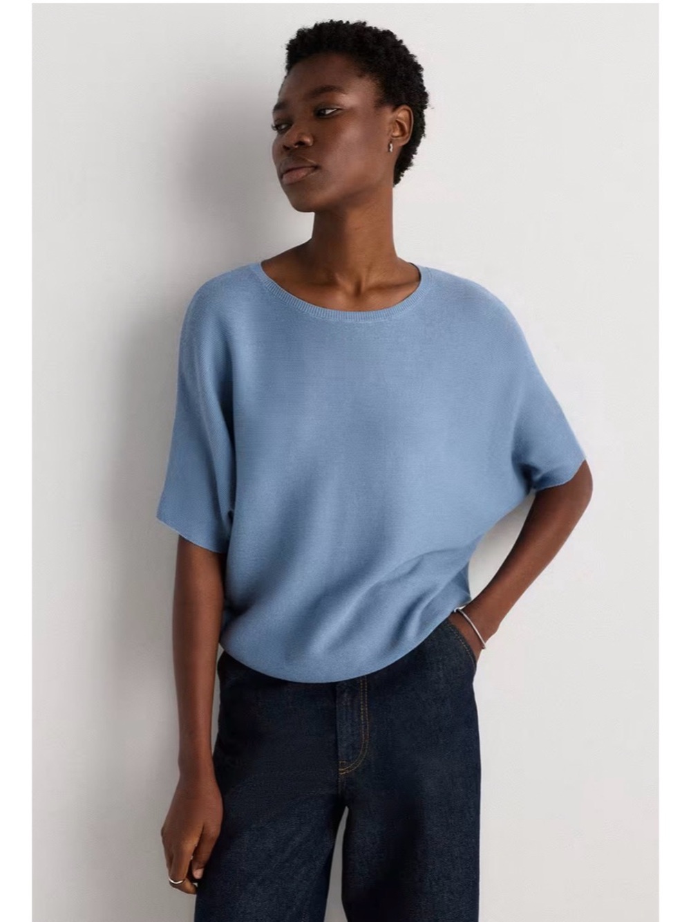 Women's Relaxed Short-Sleeve Knit Top in Light Blue